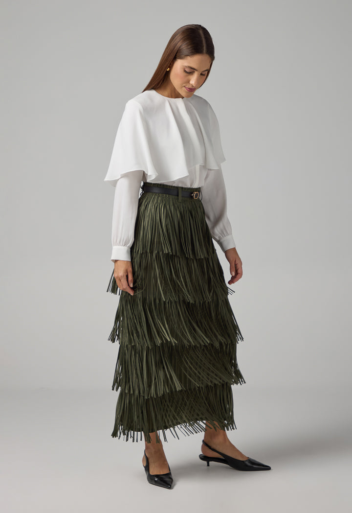 Choice Solid Pleated Fringe Maxi Skirt Khaki