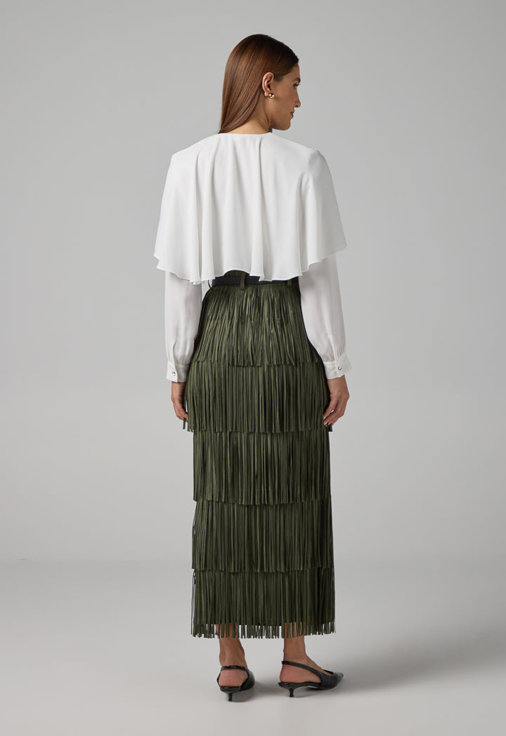 Choice Solid Pleated Fringe Maxi Skirt Khaki