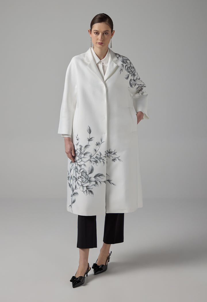 Choice Floral Printed Crystal Embellished Midi Coat Off White