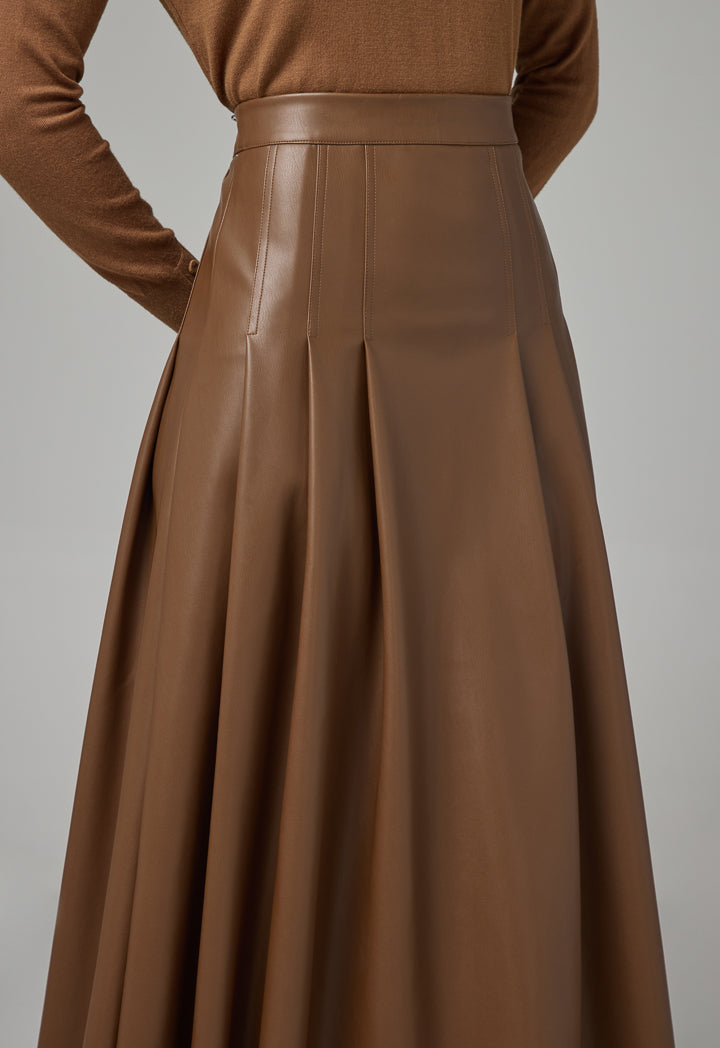 Choice Pu Leather Pleated Flared Skirt Brown