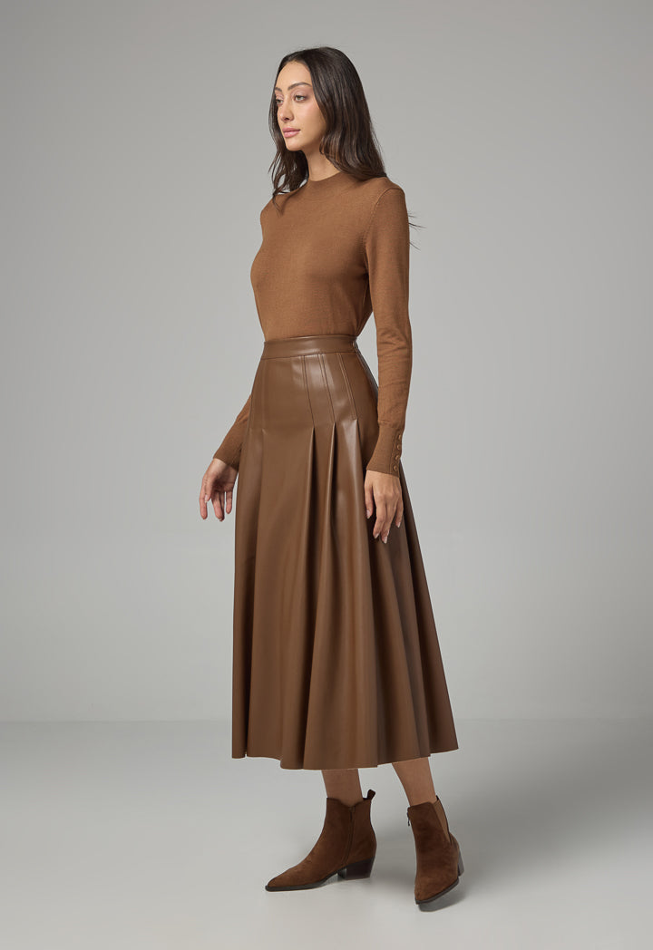 Choice Pu Leather Pleated Flared Skirt Brown