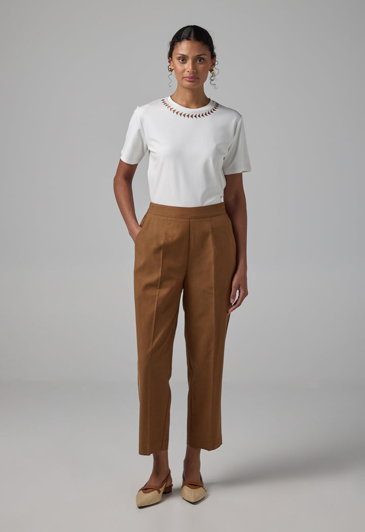 Choice Elastic Waistband Basic Trousers Brown