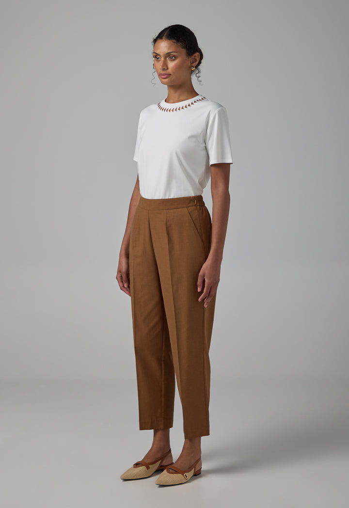 Choice Elastic Waistband Basic Trousers Brown