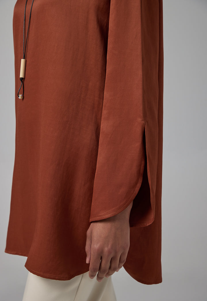 Choice Basic Flared Blouse With Attached Necklace Brown