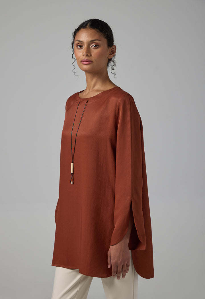 Choice Basic Flared Blouse With Attached Necklace Brown