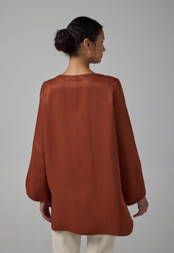 Choice Basic Flared Blouse With Attached Necklace Brown