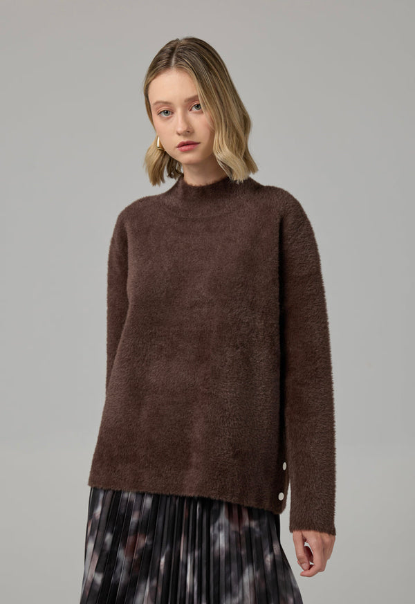 Choice Long Sleeve Knitted Basic Blouse Dark Brown