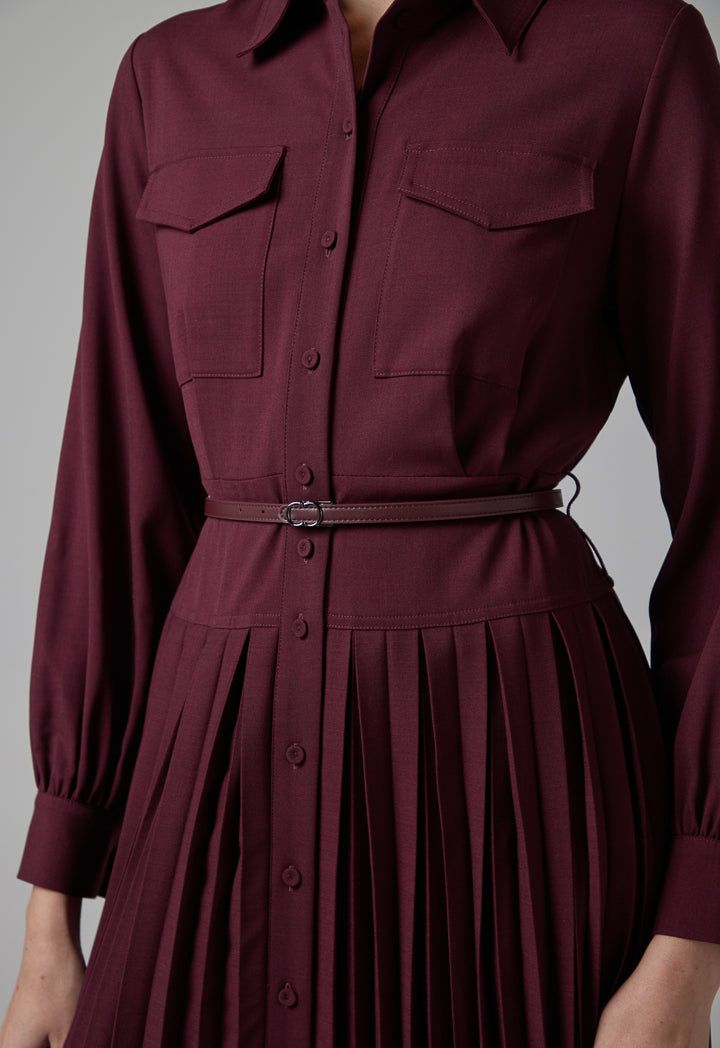 Choice Flap Pockets Pleated Dress Burgundy