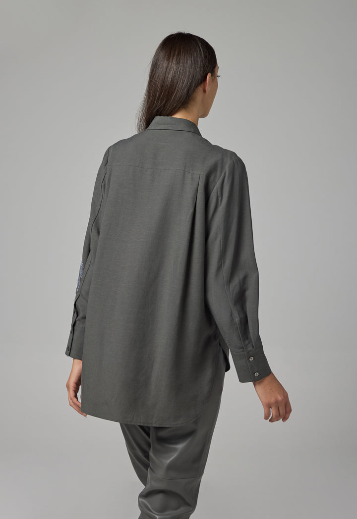 Choice High Low Embroidered Shirt Grey