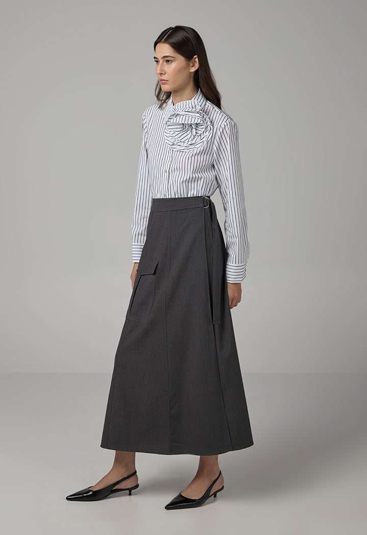 Choice Solid Wrap Flap Pocket Skirt Dark Grey