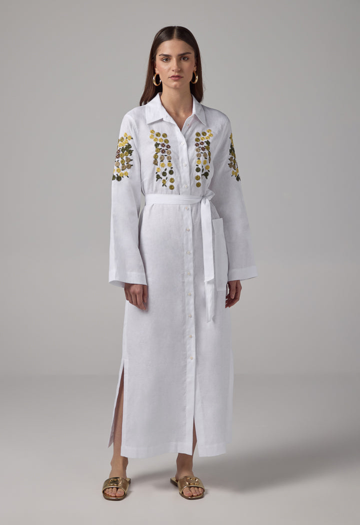 Choice Floral Embroidered Linen Shirt Dress Off White