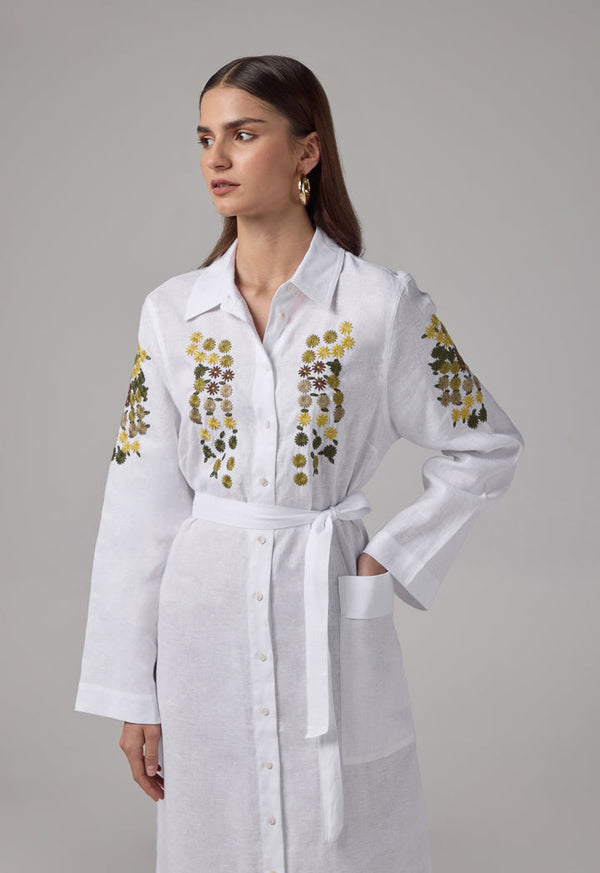 Choice Floral Embroidered Linen Shirt Dress Off White