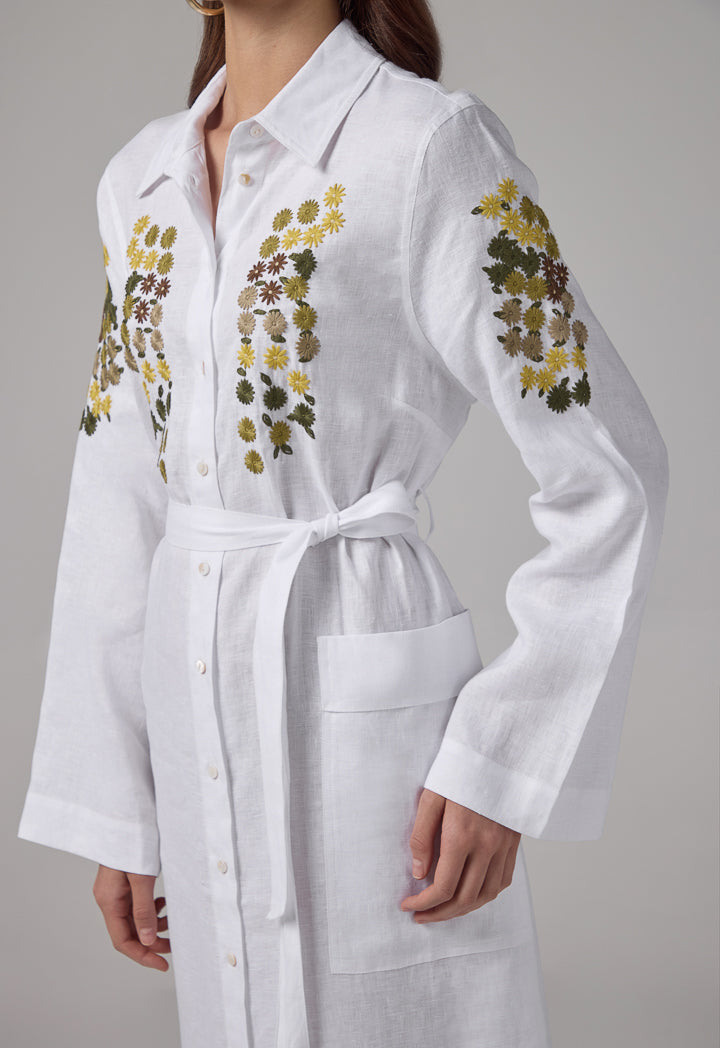 Choice Floral Embroidered Linen Shirt Dress Off White