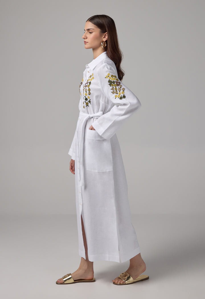 Choice Floral Embroidered Linen Shirt Dress Off White