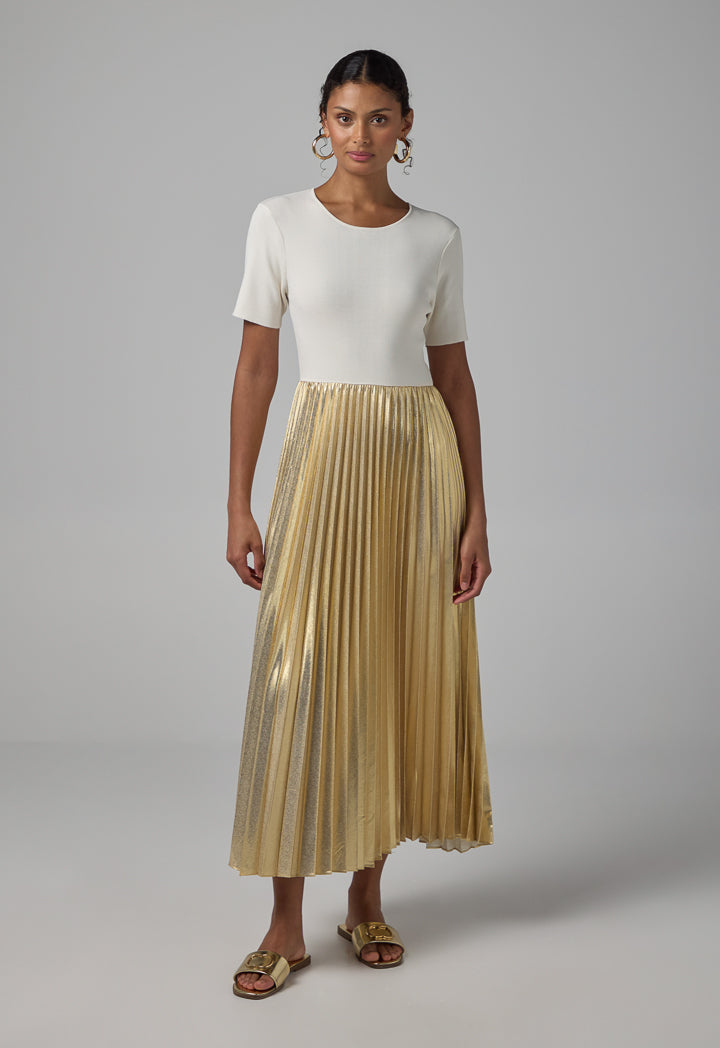 Choice Metallic Pleated Knitted Dress Beige