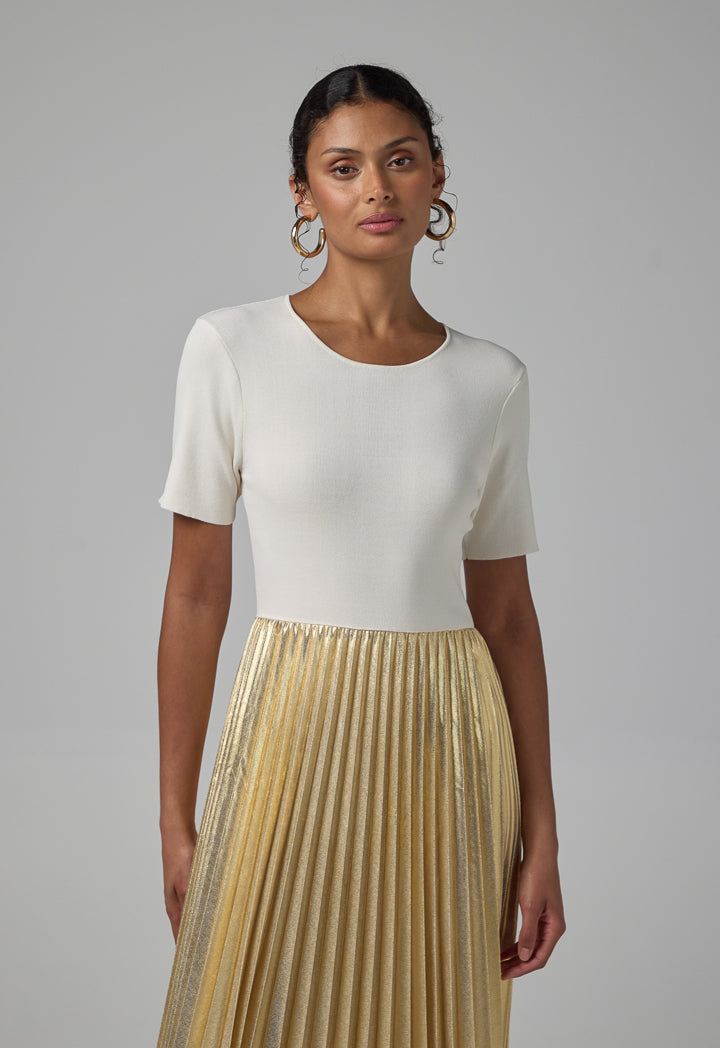 Choice Metallic Pleated Knitted Dress Beige