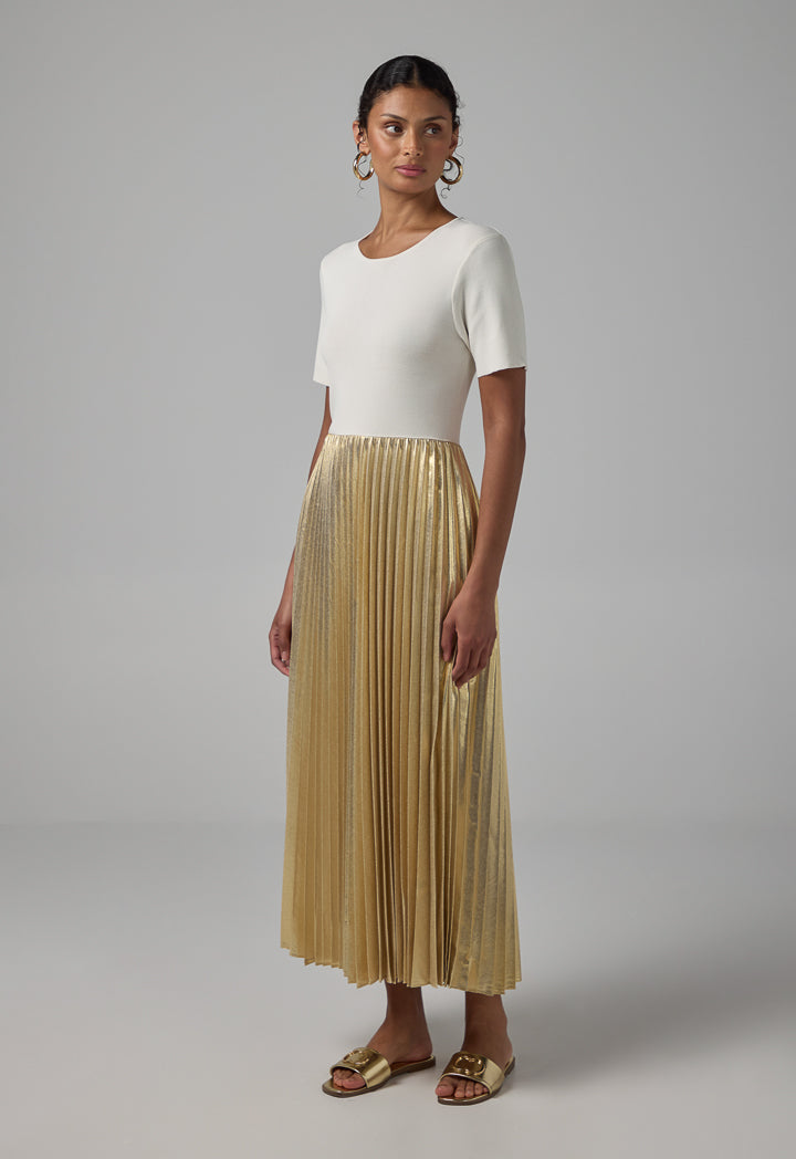 Choice Metallic Pleated Knitted Dress Beige