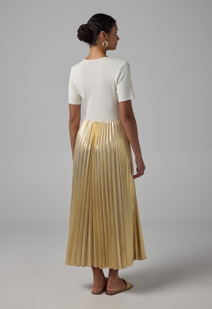 Choice Metallic Pleated Knitted Dress Beige