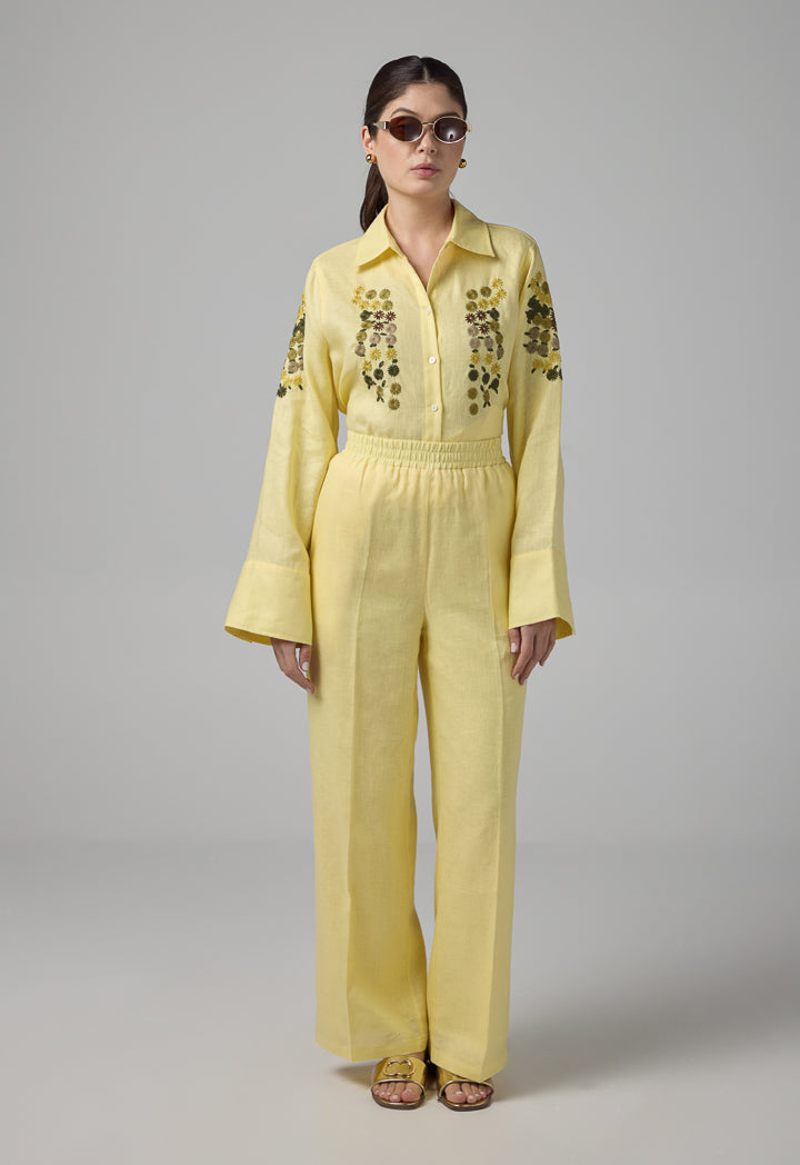 Choice Solid Elastic Waist Linen Trousers Lemon