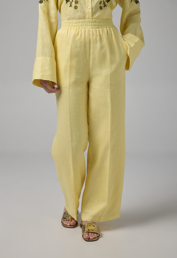 Choice Solid Elastic Waist Linen Trousers Lemon