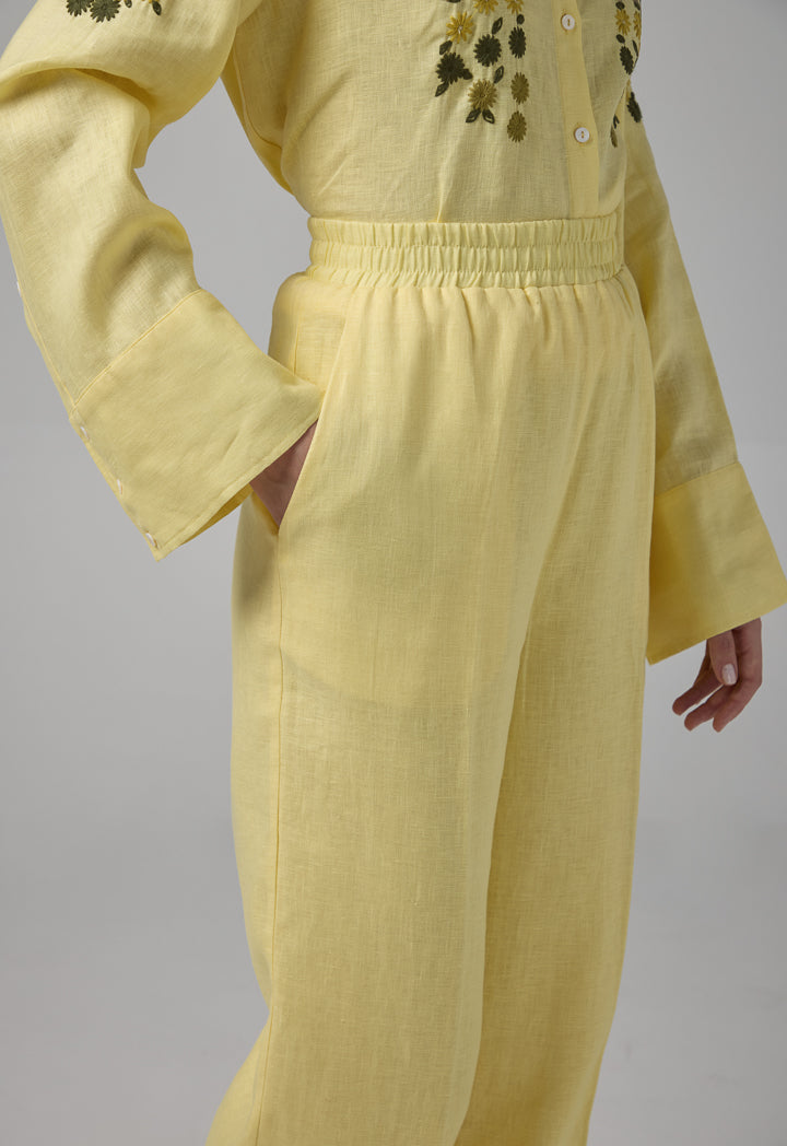 Choice Solid Elastic Waist Linen Trousers Lemon