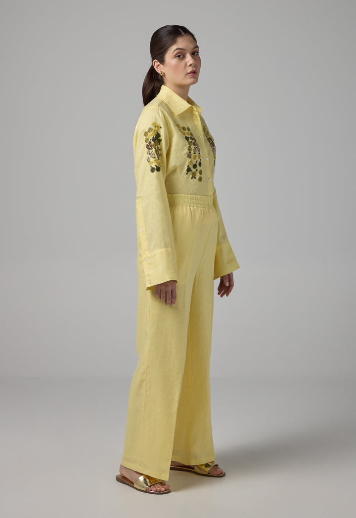 Choice Solid Elastic Waist Linen Trousers Lemon