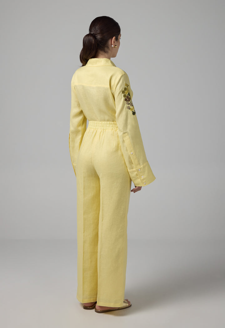 Choice Solid Elastic Waist Linen Trousers Lemon