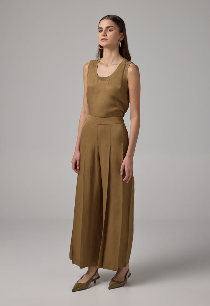 Choice Wide Leg Pleated Trousers Khaki