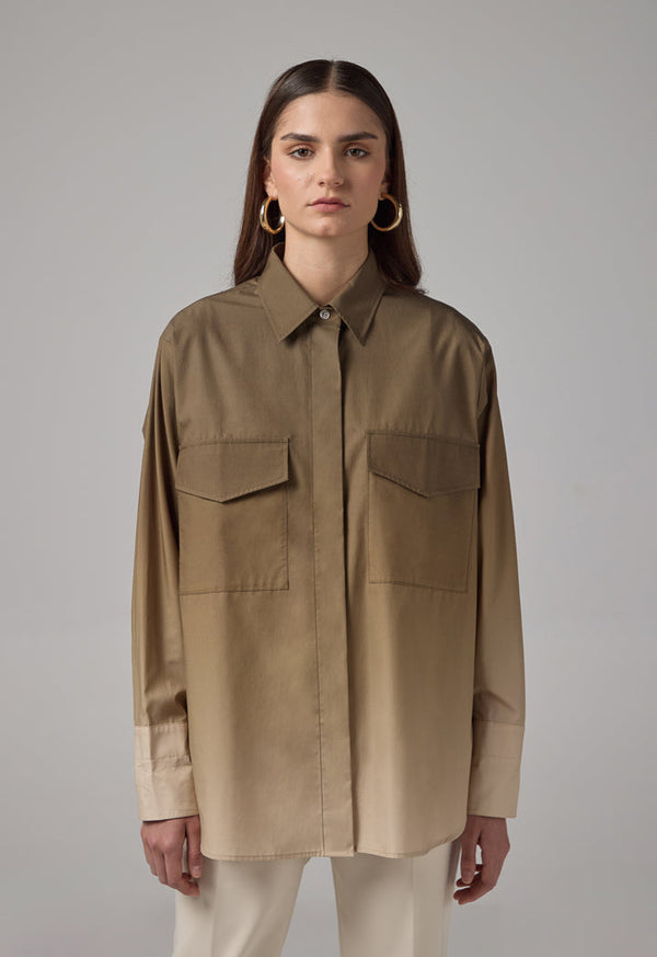 Choice Front Flap Pockets Ombre Shirt  Khaki
