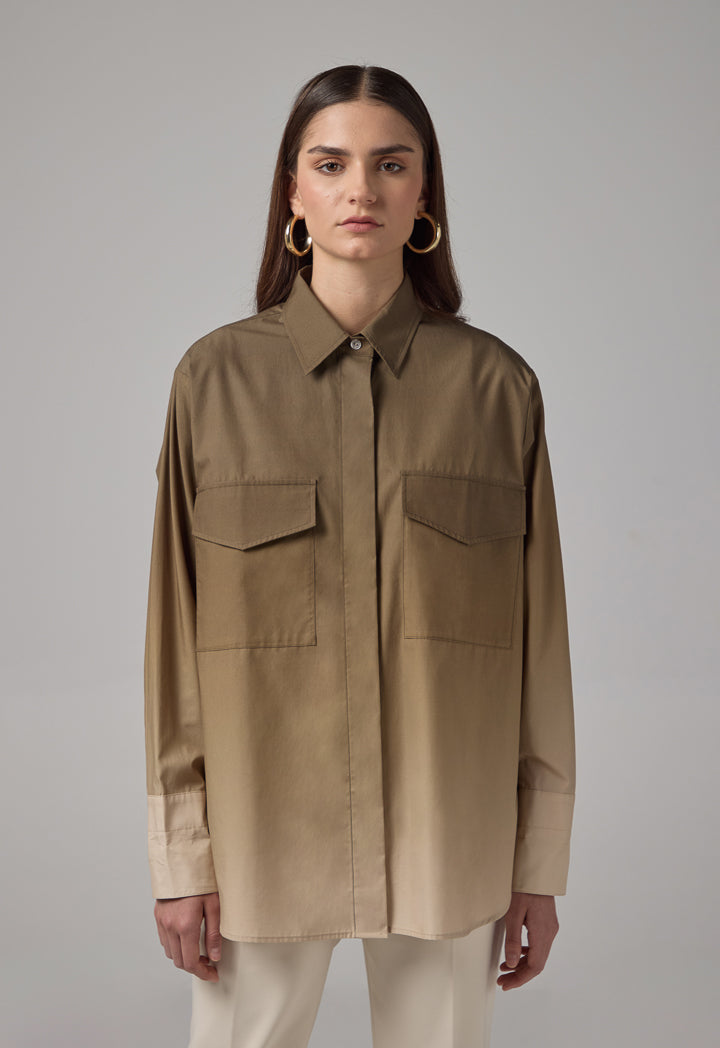 Choice Front Flap Pockets Ombre Shirt  Khaki