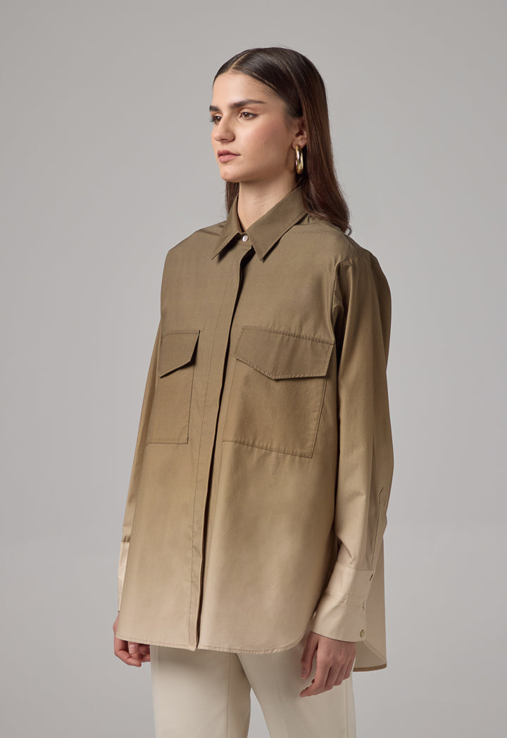 Choice Front Flap Pockets Ombre Shirt  Khaki