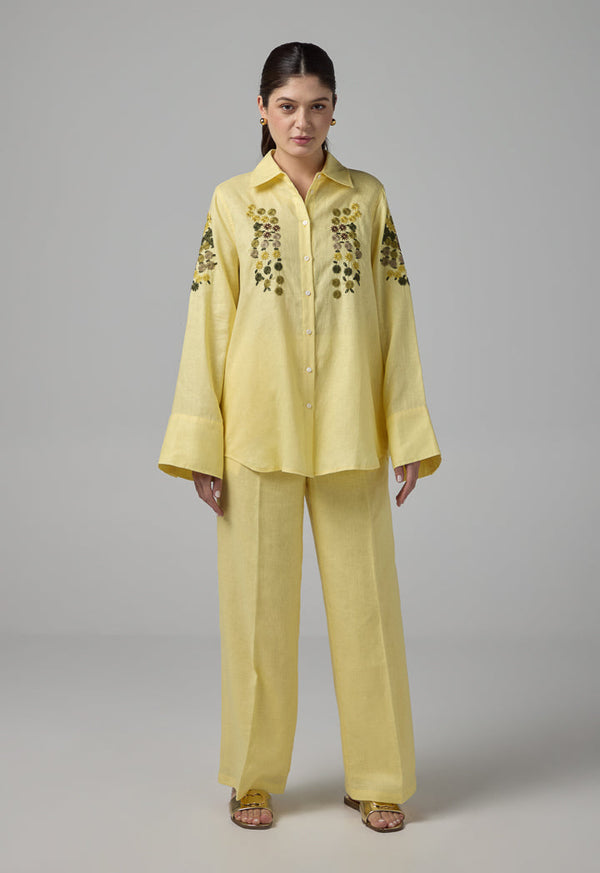 Choice Floral Embroidered Linen Shirt Lemon
