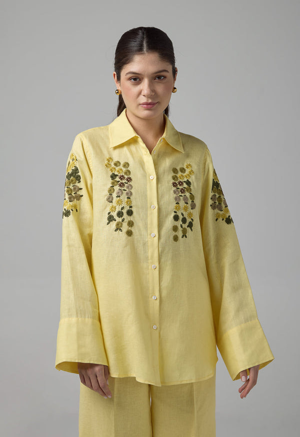 Choice Floral Embroidered Linen Shirt Lemon