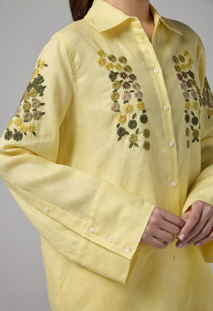 Choice Floral Embroidered Linen Shirt Lemon