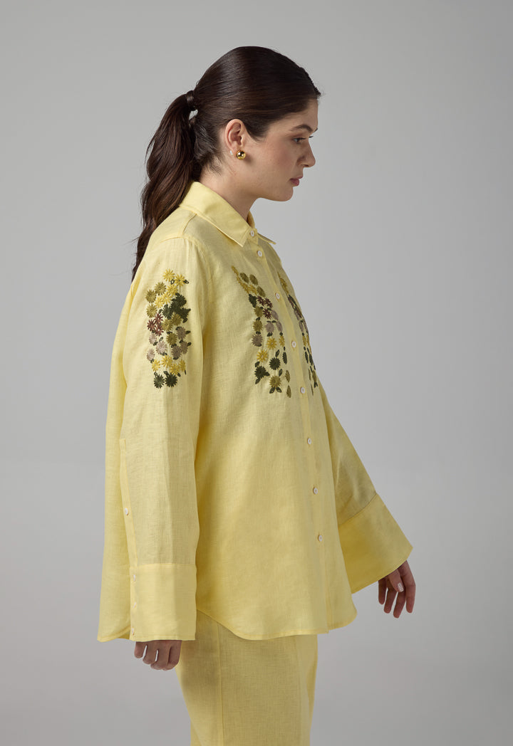 Choice Floral Embroidered Linen Shirt Lemon
