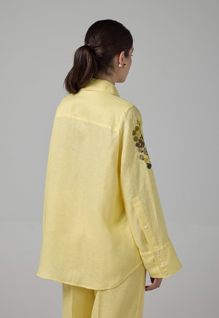 Choice Floral Embroidered Linen Shirt Lemon