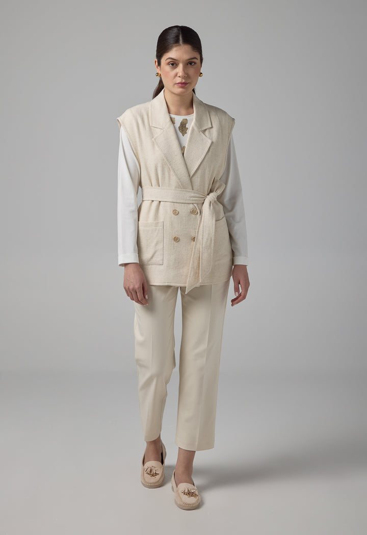 Choice Front Pockets Belted Gilet Beige