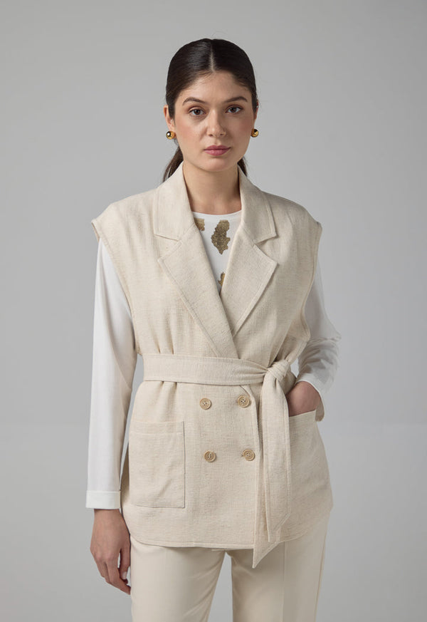Choice Front Pockets Belted Gilet Beige