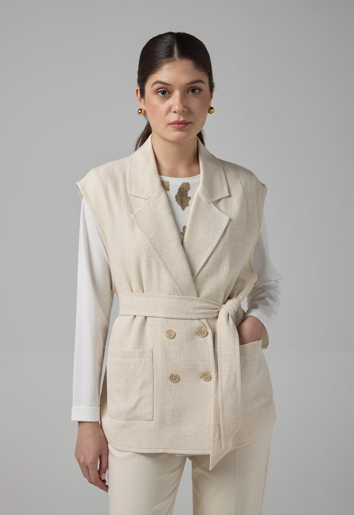 Choice Front Pockets Belted Gilet Beige