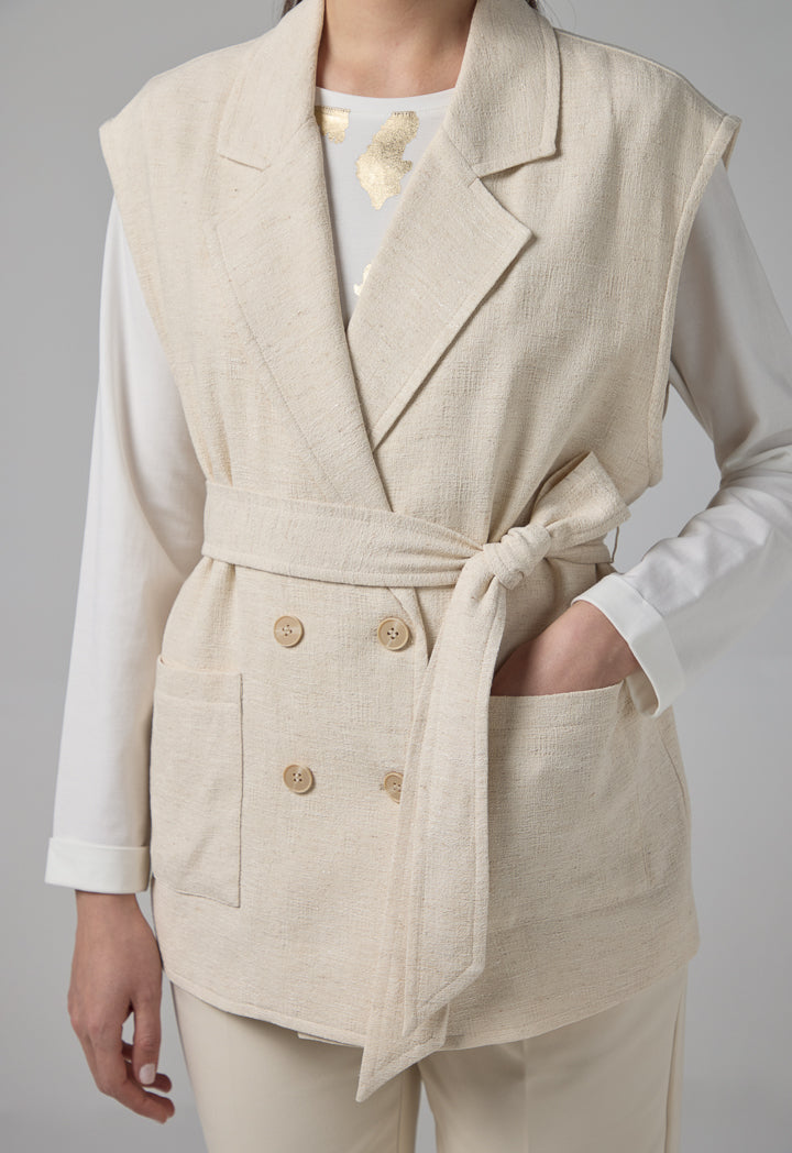 Choice Front Pockets Belted Gilet Beige