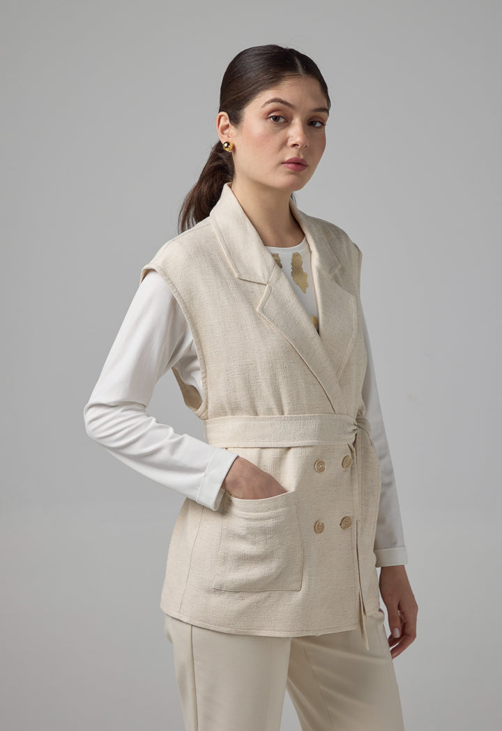 Choice Front Pockets Belted Gilet Beige