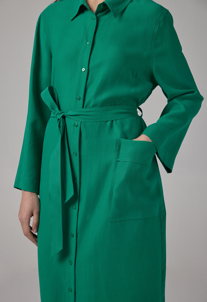 Choice Front Pocket Belted Shirt Dress Green