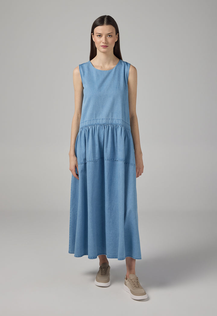 Choice Solid Sleeveless Flared Denim Dress Light Blue