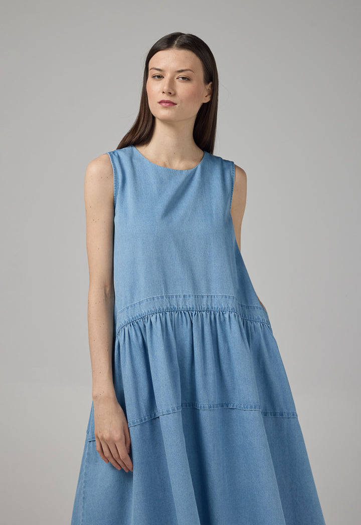 Choice Solid Sleeveless Flared Denim Dress Light Blue