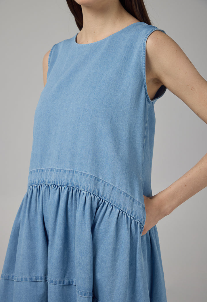 Choice Solid Sleeveless Flared Denim Dress Light Blue