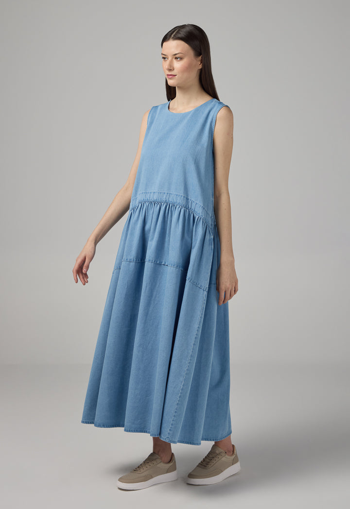 Choice Solid Sleeveless Flared Denim Dress Light Blue