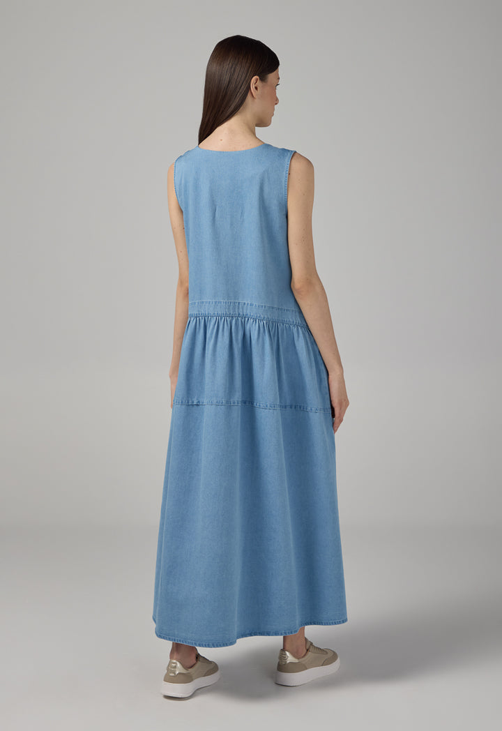 Choice Solid Sleeveless Flared Denim Dress Light Blue