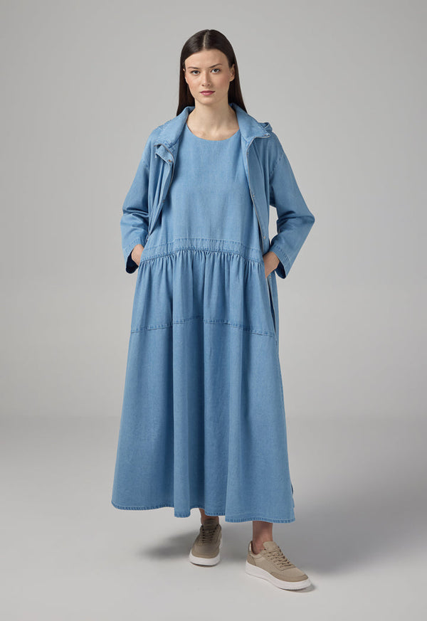 Choice Solid Sleeveless Flared Denim Dress Light Blue