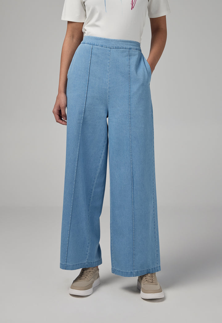 Choice Solid Wide Leg Denim Trousers Light Blue