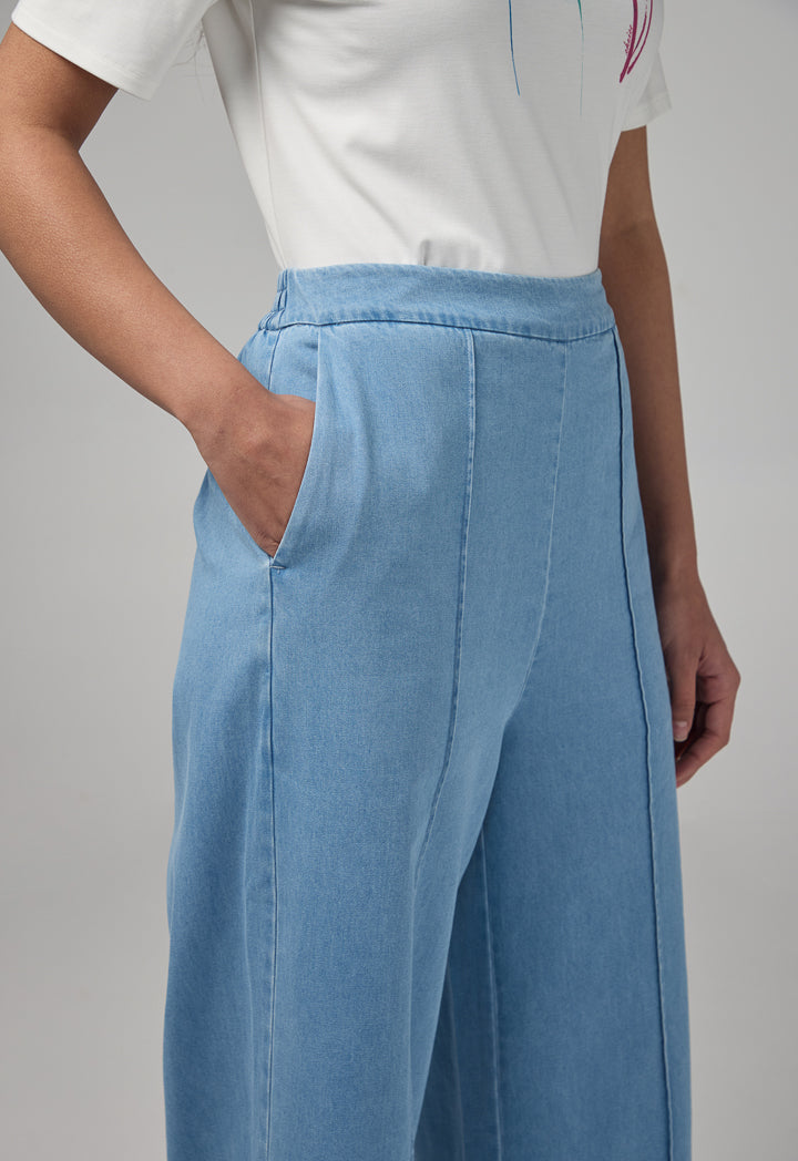 Choice Solid Wide Leg Denim Trousers Light Blue